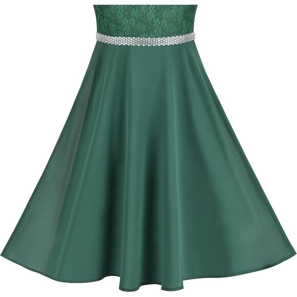 🆕Girls Green Rhinestone Chiffon Bridesmaid Dance Ball Maxi Gown Dress - Picture 4 of 6
